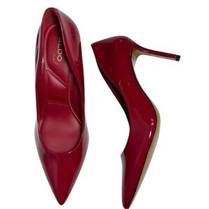 Aldo Women's Stessy Red Faux Patent Leather Mid Heel Pointed Toe Pumps Size 9